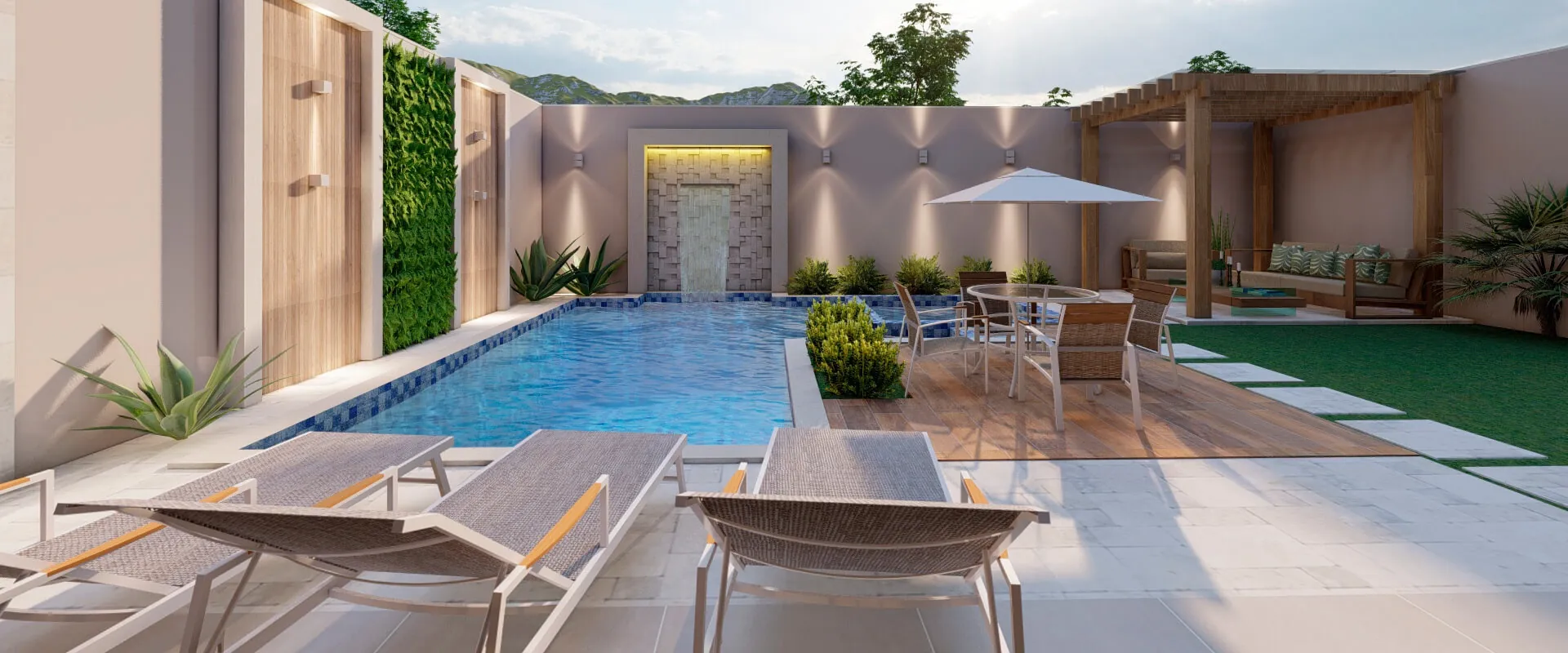 Área externa com piscina, espreguiçadeiras e jardim, imagem de projeto